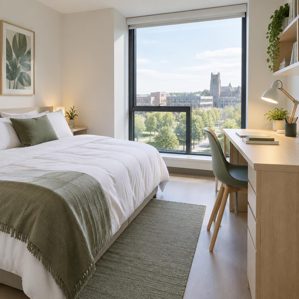A bright student room with a desk beside a window